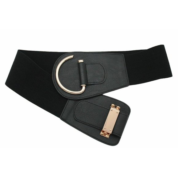 Women Gold Metal Hook Buckle Black Belt Wide Elastic Fabric Hip Waist Size L XL - Picture 6 of 13